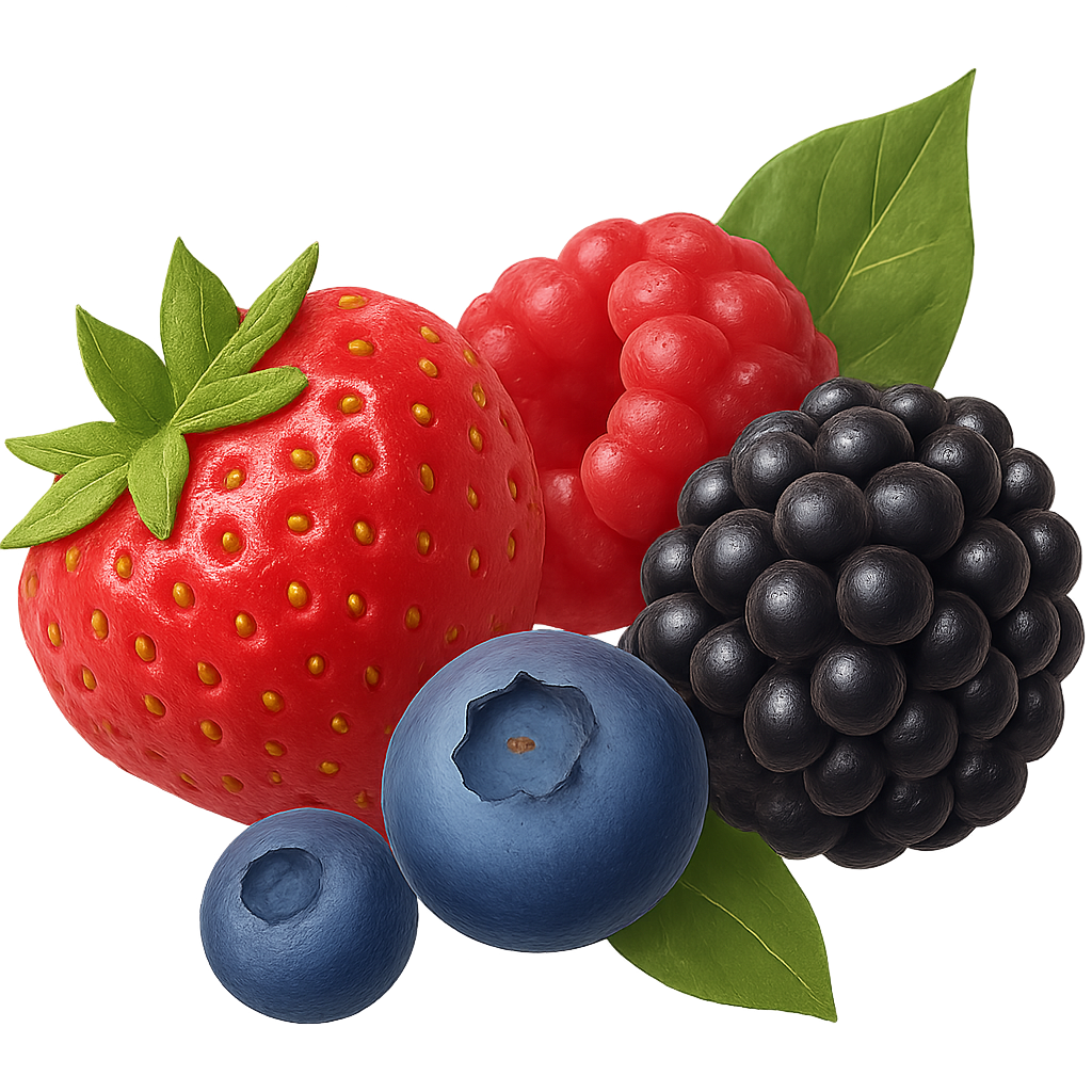 Frische Beerenmischung mit Erdbeere, Himbeere, Brombeere und zwei Blaubeeren, ergänzt durch grüne Blätter.