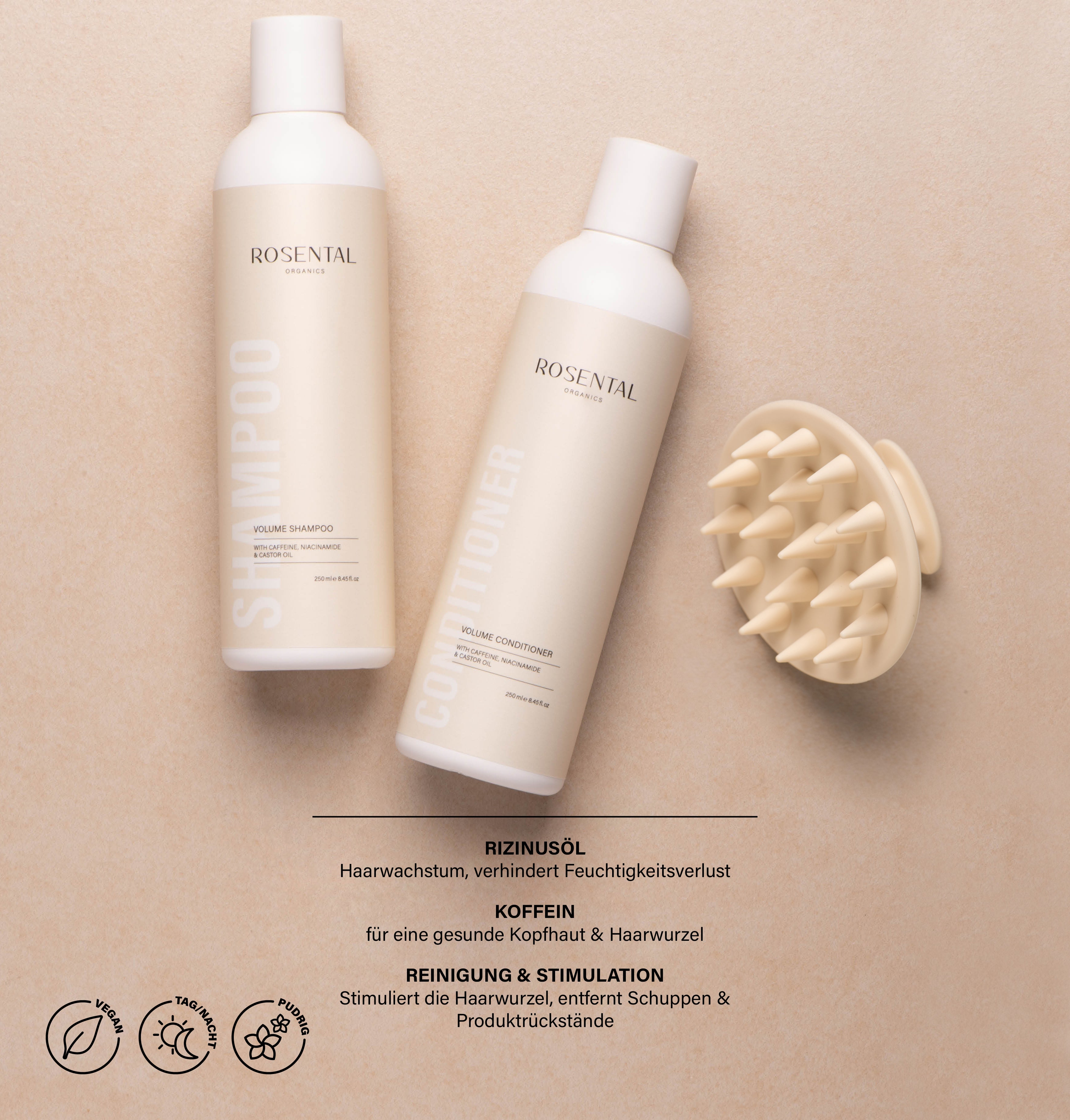 Anti-Haarausfall Set von Rosental Organics zur Pflege und Stärkung der Haarwurzeln liegt auf hellem Untergrund..