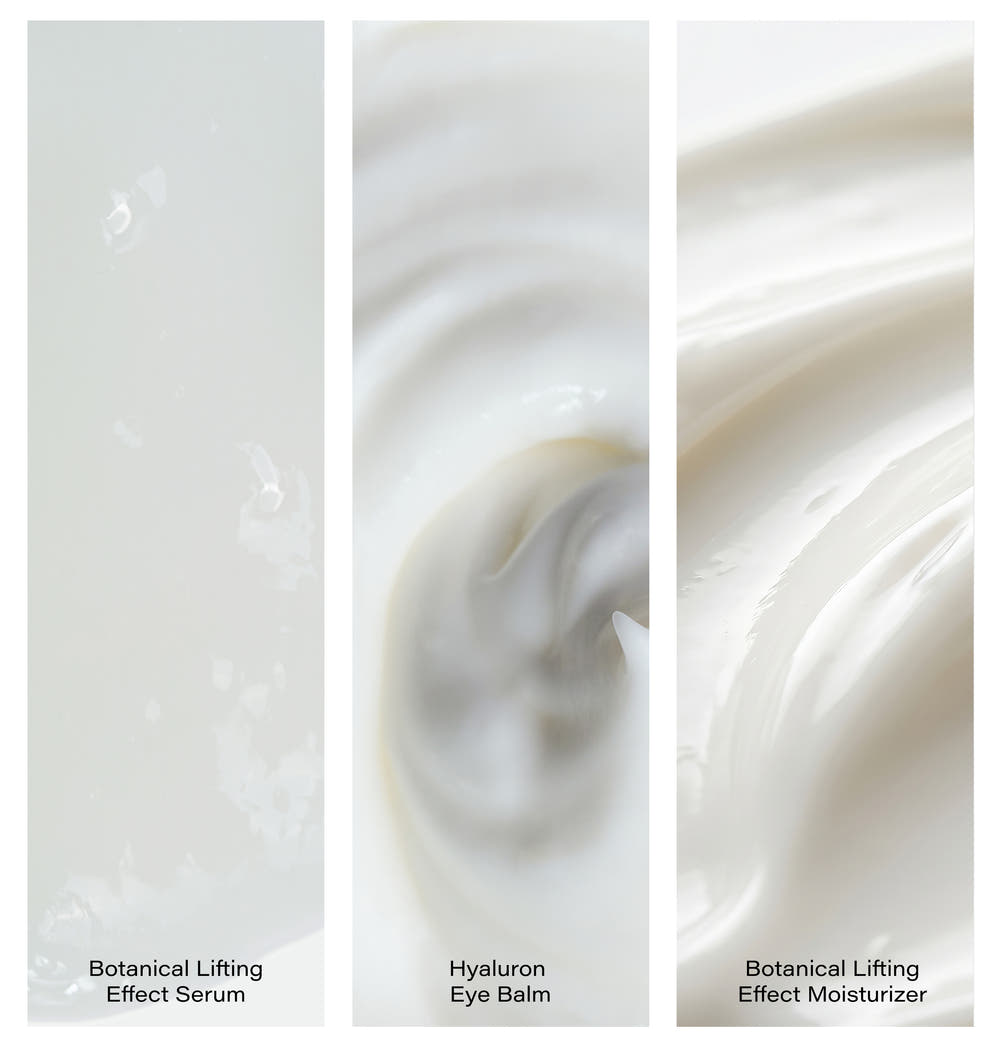 Texturvergleich von Rosental Organics: Botanical Lifting Effect Serum, Hyaluron Eye Balm und Botanical Lifting Effect Moisturizer