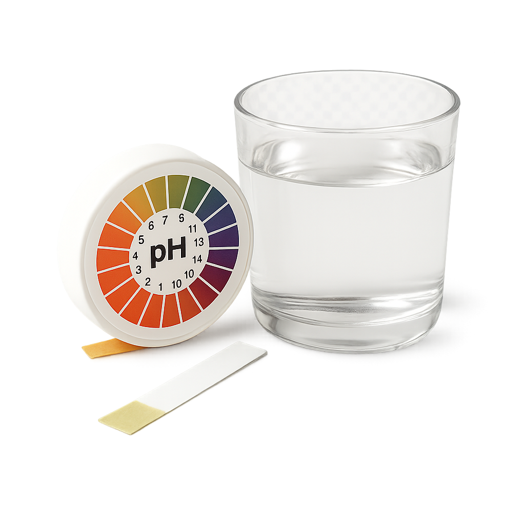 Ein Glas Wasser neben einem geöffneten pH-Mess-Set mit zwei farblich veränderten Streifen in Beige und Orange.