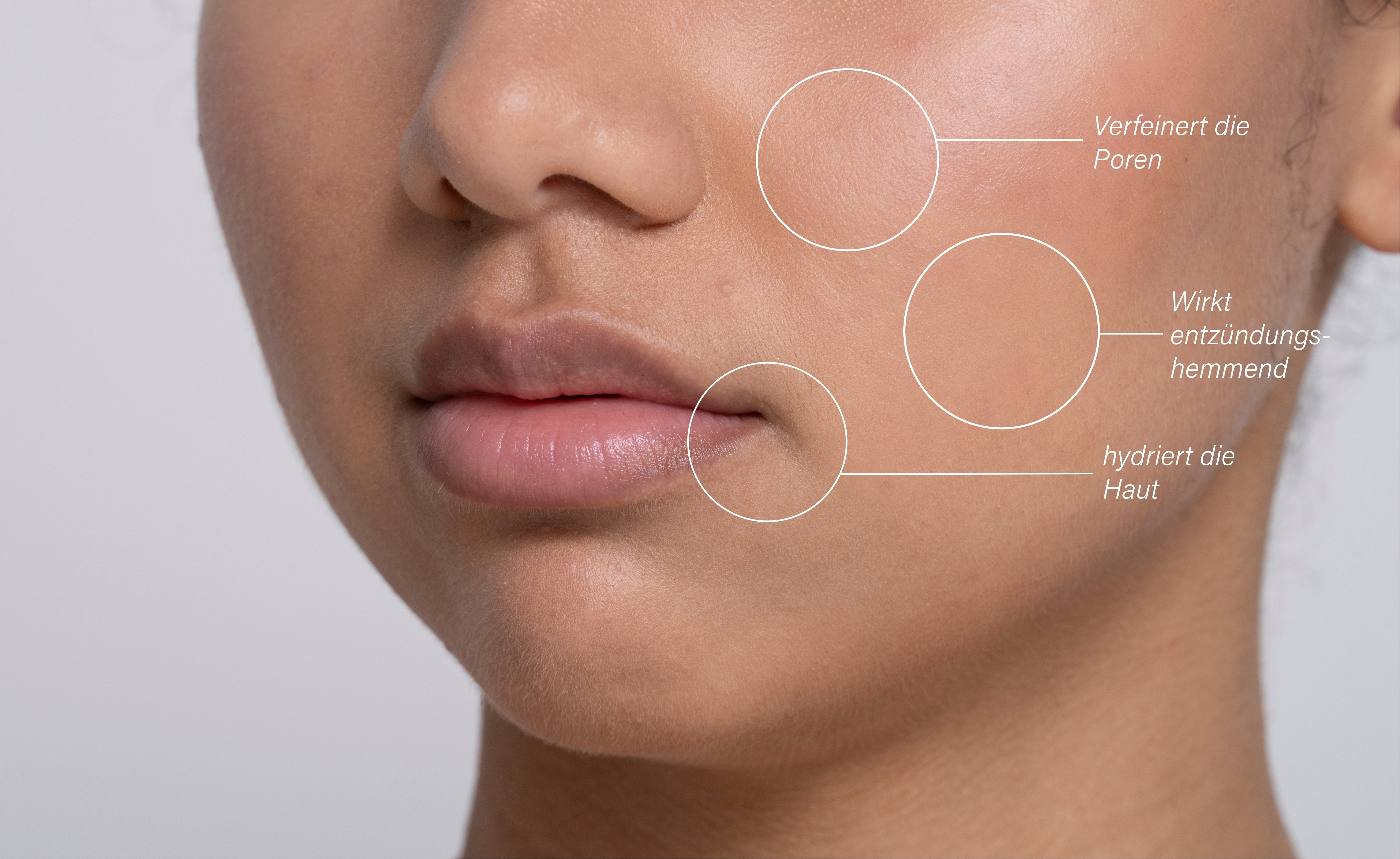 Portraitausschnitt einer Frau, bei dem ein Kreis auf Poren, Wange und Mundwinkel fokussiert.